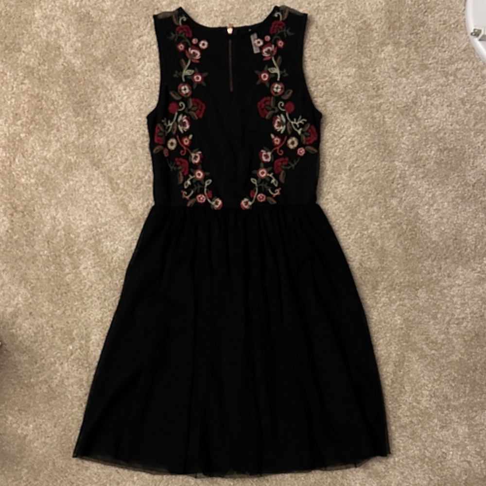 Xhilaration Black Dress with Red and Green Floral Design